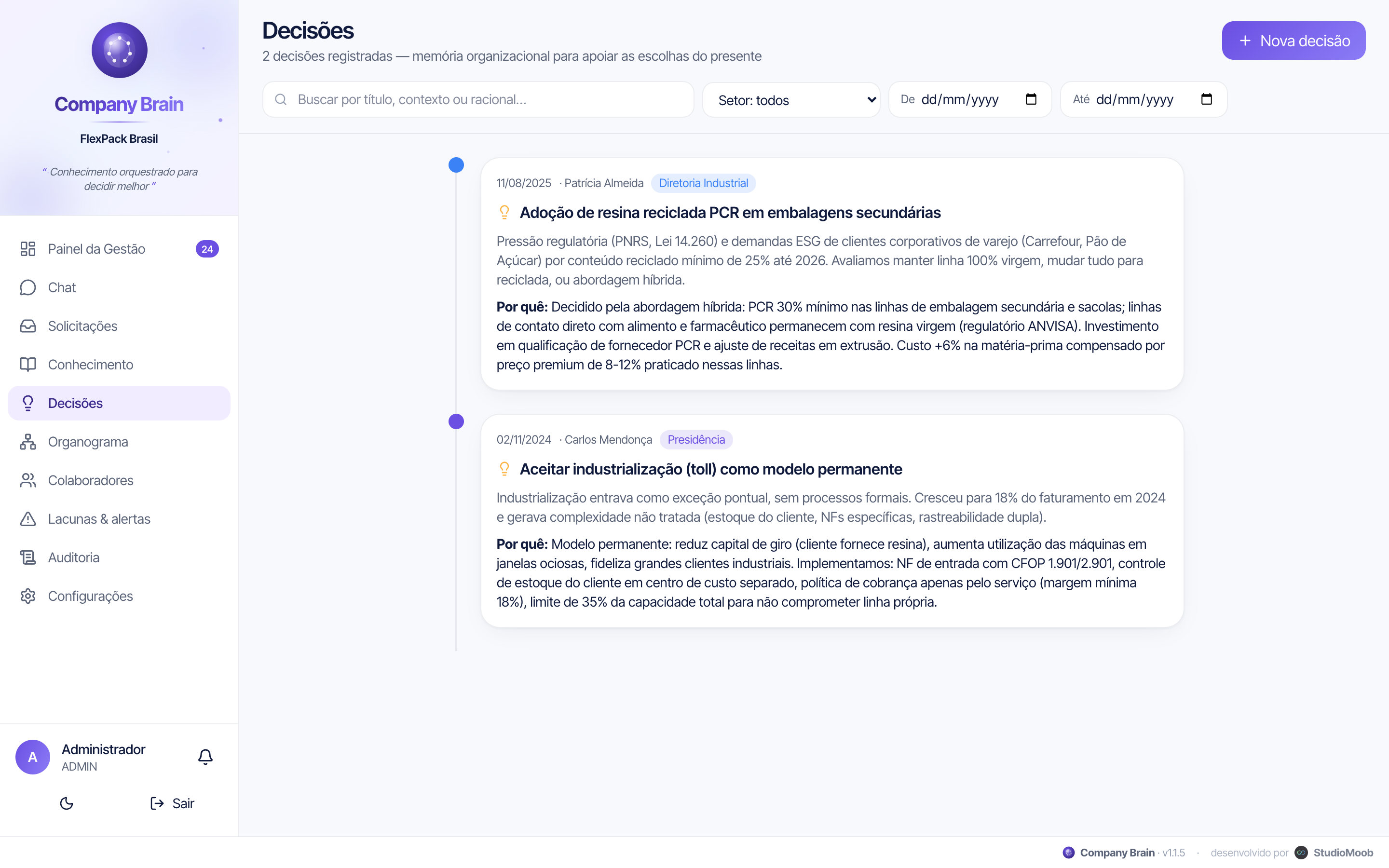Registro de decisões empresariais com status e contexto