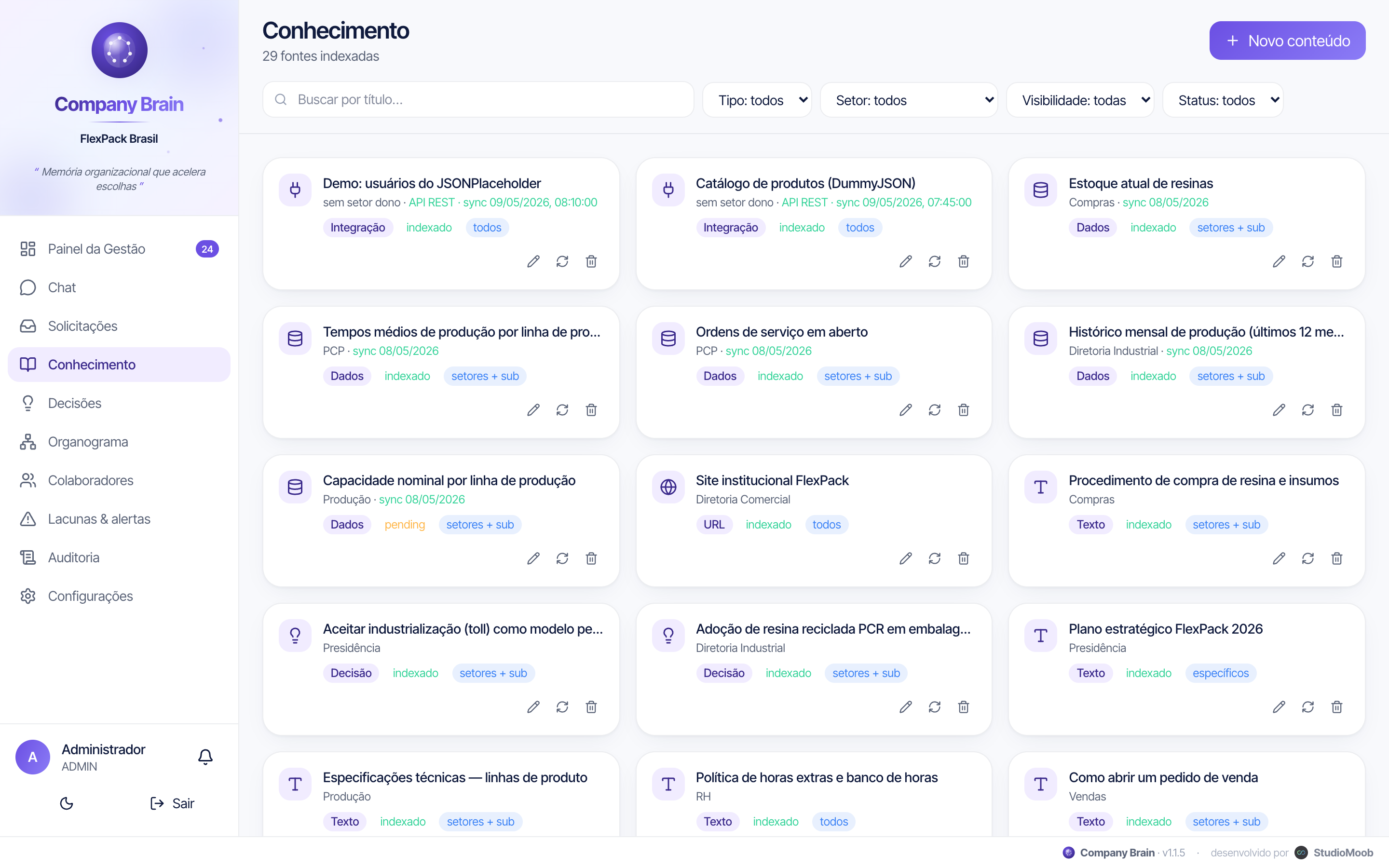 Base de conhecimento estruturada por setor com filtros e tipos de item